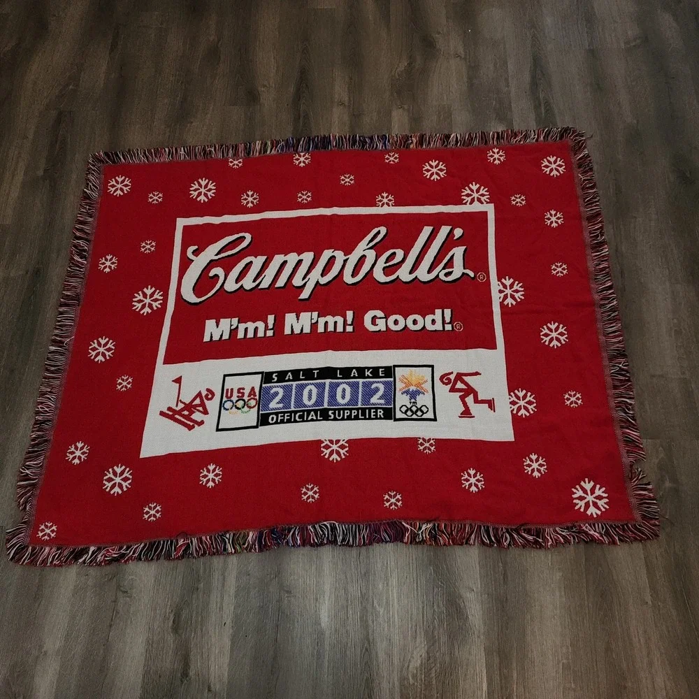 Vintage Winter Olympics 2002 Salt Lake City Campbell's Soup Blanket Fringe Throw